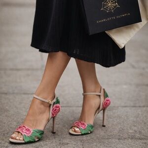 Charlotte Olympia Roselina Rose Floral Embroidered Heels Sandals EU 38 Rare
